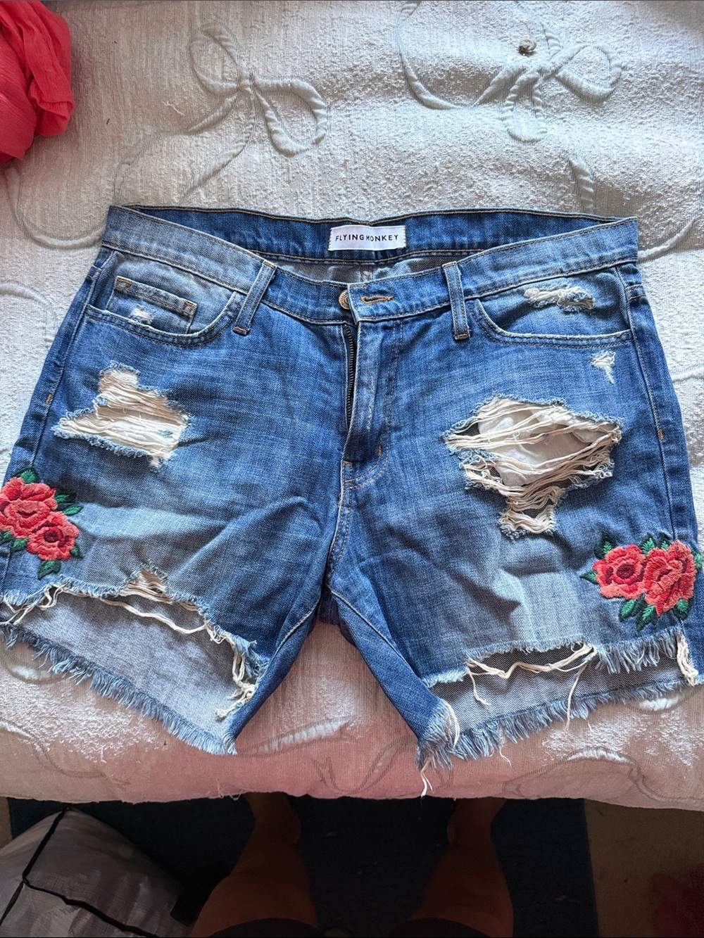 Flying Monkey Distressed Embroidered Denim Shorts - Blue Sz 32